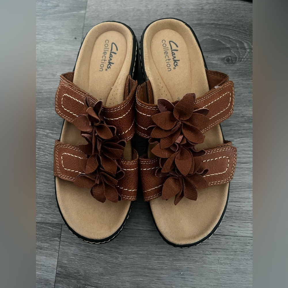 Clarks Brown Leather Mules with Woven Straps
